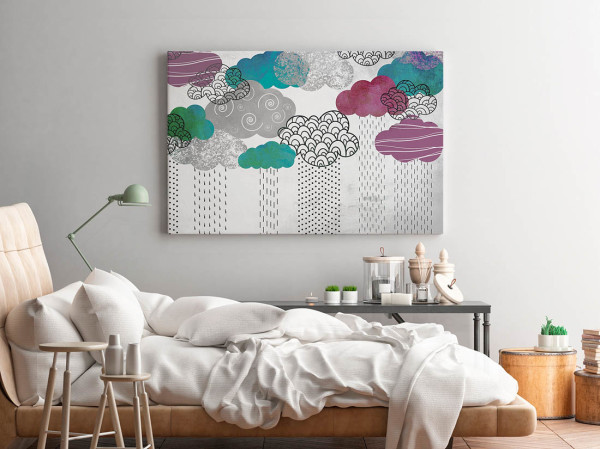 Kompozycja graficzna z chmurami. Motywy geometryczne w pastelowych kolorach.