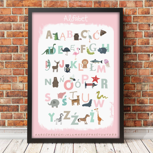 Różowy plakat edukacyjny dla dziecka-alfabet