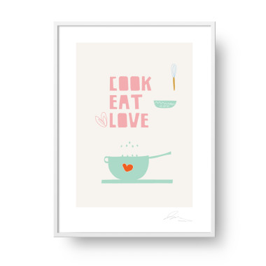 Plakat "Cook, Eat, Love". Subtelna, stylowa grafika w stylu skandynawskim doda elegancji i ciepła każdemu wnętrzu. Doskonały do kuchni.