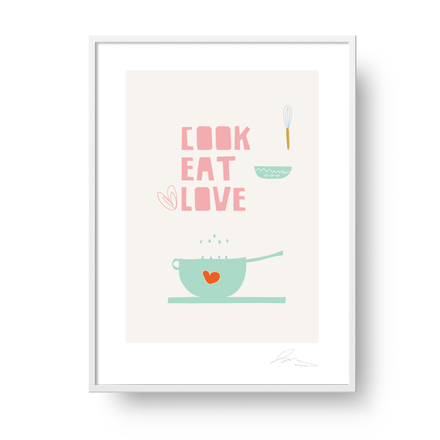 Plakat "Cook, Eat, Love". Subtelna, stylowa grafika w stylu skandynawskim doda elegancji i ciepła każdemu wnętrzu. Doskonały do kuchni.