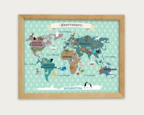 Plakat dla dziecka- Miętowa Mapa Kontynentów