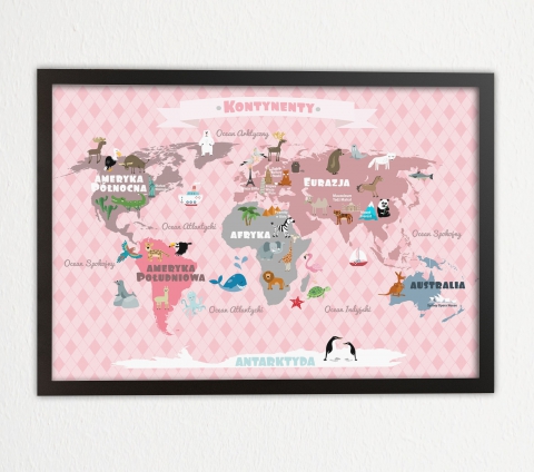 Plakat dla dziecka-Różowa Mapa Kontynentów