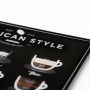 Plakat "American Style Coffee" przedstawia 12 przepisów na świetną amerykańską kawę. Plakat do kuchni, kawiarni lub jadalni.