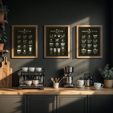 Zestaw plakatów do kuchni z kawą American Italian World Style Coffee dekoracja ściany