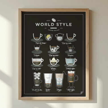 Plakat na ścianę czarny „World Style Coffee” przedstawia 12 przepisów na znakomitą kawę z różnych zakątków świata. Znajdziesz tu zarówno irlandzką kawę i francuską Café au Lait, jak i mniej znane, lecz równie pyszne i pobudzające, hiszpańską Café del Tiempo oraz portugalski klasyk Galão.