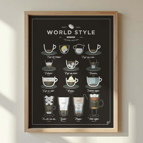Plakat na ścianę czarny „World Style Coffee” przedstawia 12 przepisów na znakomitą kawę z różnych zakątków świata. Znajdziesz tu zarówno irlandzką kawę i francuską Café au Lait, jak i mniej znane, lecz równie pyszne i pobudzające, hiszpańską Café del Tiempo oraz portugalski klasyk Galão.