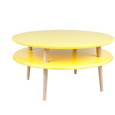 Kolorowy, okrągły, niski stolik kawowy, idealny również do pokoju dziecka. Żółty
