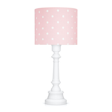 Lampka stojąca na stolik różowa w białe kropki na białej podstawie