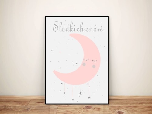 Plakat dla dzieci "Słodkich snów" róż księżyc