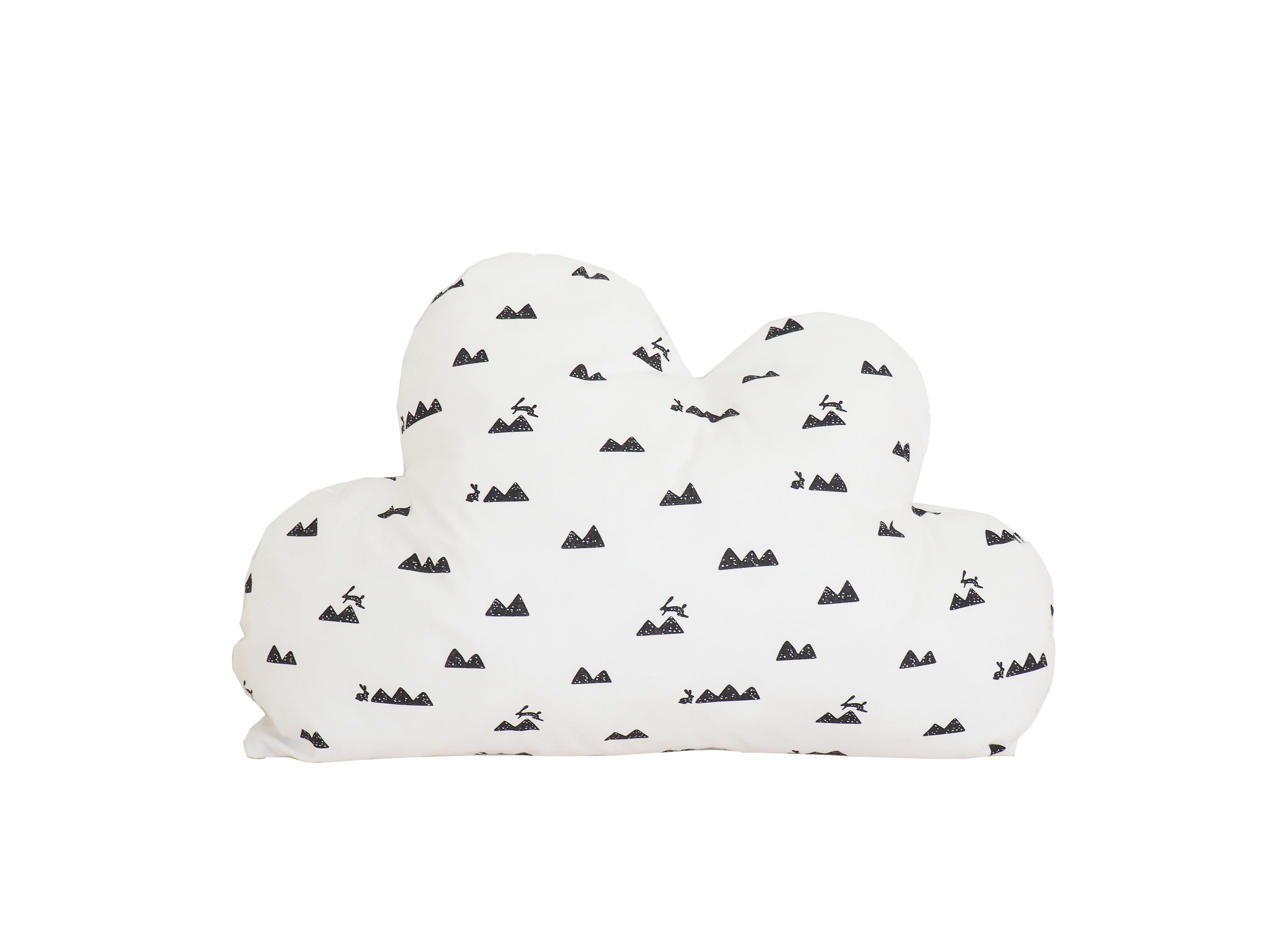 Poduszka chmurka w prosty i ponadczasowy biało-czarny wzór góry i króliczki.