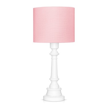 Klasyczna elegancka lampka w angielskim stylu różowa z abażurem z bawełny na białej podstawce.
