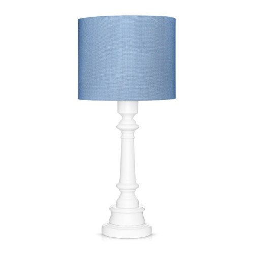 Niebieska lampka nocna na stolik do czytania do pokoju dziecka z okrągłym bawełnianym abażurem na białej podstawie