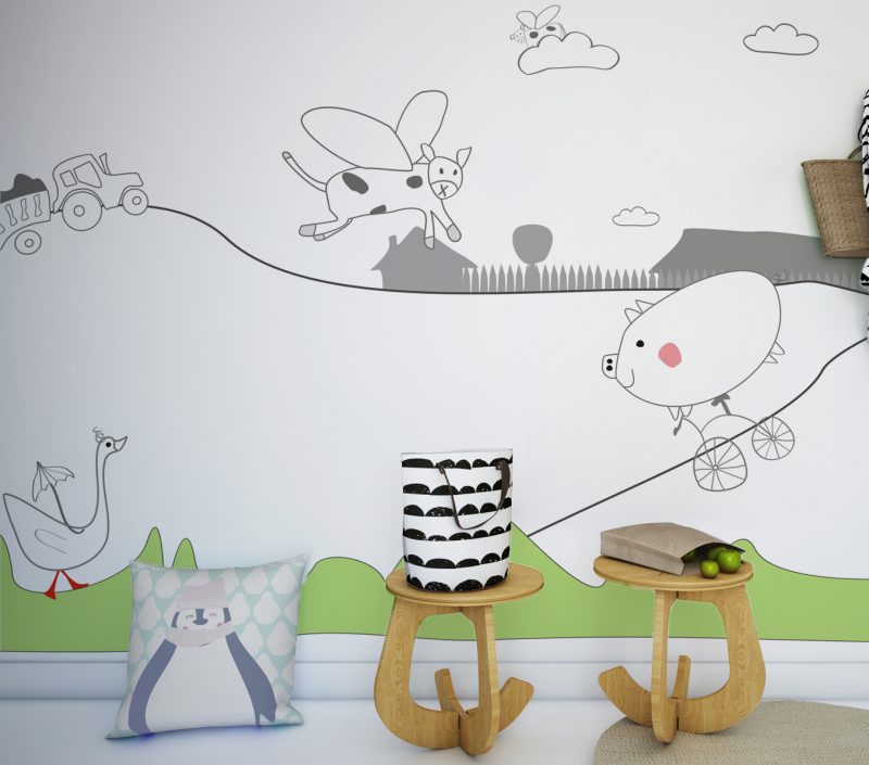 Mural/ tapeta do pokoju dziecka-kolorowa ściana z rysunkami w pokoju dziecka