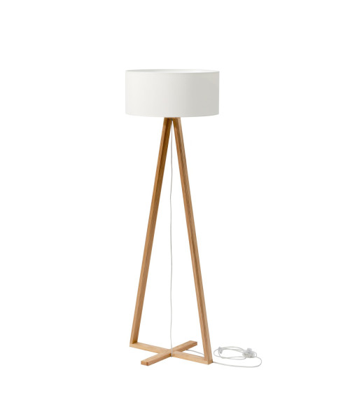 Nowoczesna elegancka minimalistyczna lampa podłogowa do salonu, sypialni, biura, gabinetu. Drewniana podstawa z białym abażurem.