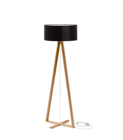 Nowoczesna elegancka minimalistyczna lampa podłogowa do salonu, sypialni, biura, gabinetu. Drewniana podstawa z czarnym abażurem.