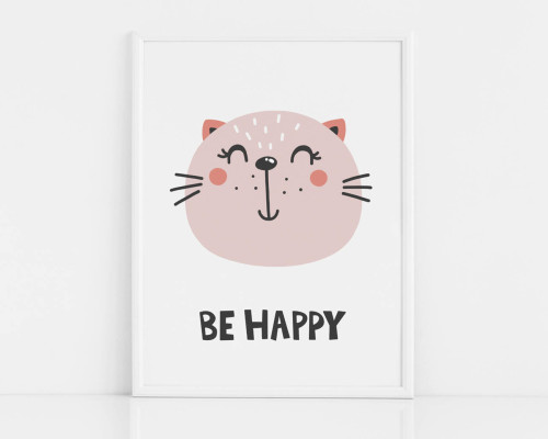 Kolorowy plakat z kotem do pokoju dziecka- BE HAPPY