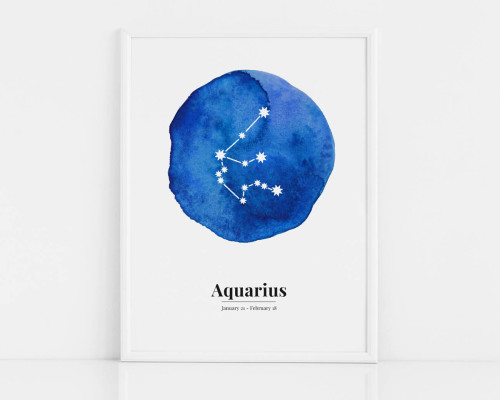 Biało-niebieski plakat ze znakiem zodiaku WODNIK / AQUARIUS