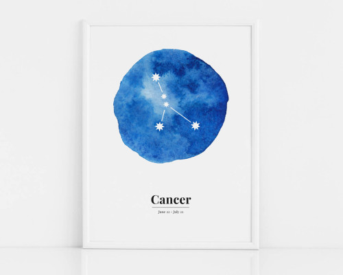 Biało-niebieski plakat ze znakiem zodiaku RAK / CANCER