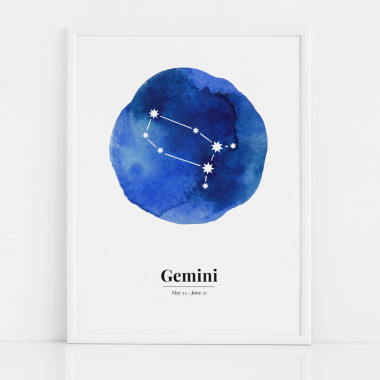 Biało-niebieski plakat ze znakiem zodiaku BLIŹNIĘTA / GEMINI