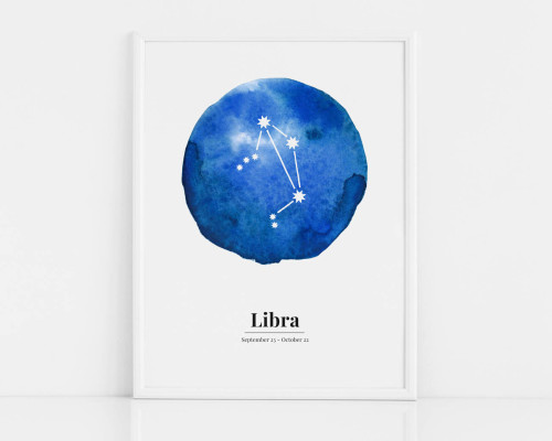 Biało-niebieski plakat ze znakiem zodiaku WAGA / LIBRA