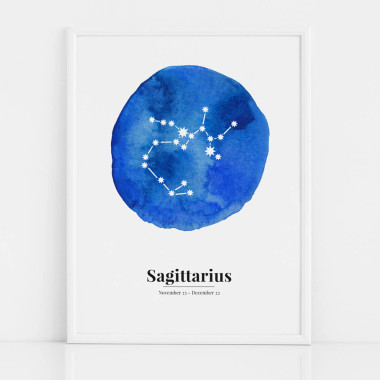Biało-niebieski plakat ze znakiem zodiaku STRZELEC / SAGITTARIUS