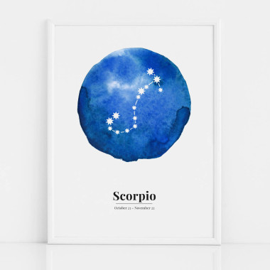 Biało-niebieski plakat ze znakiem zodiaku SKORPION / SCORPIO