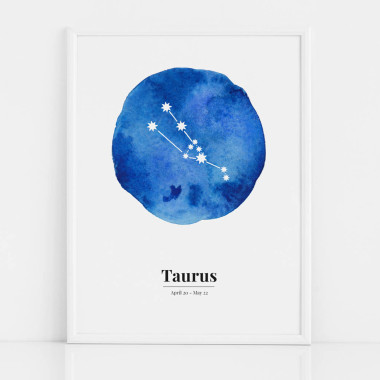 Biało-niebieski plakat ze znakiem zodiaku BYK / TAURUS