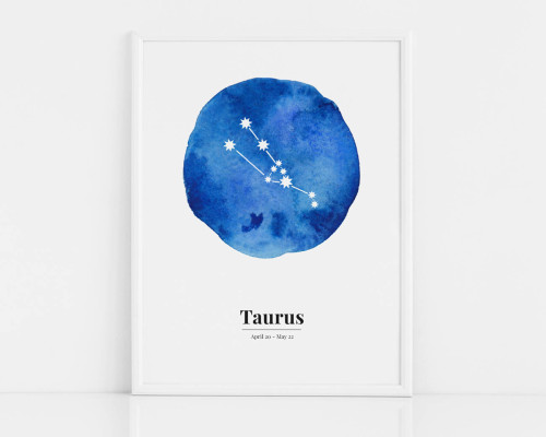 Biało-niebieski plakat ze znakiem zodiaku BYK / TAURUS