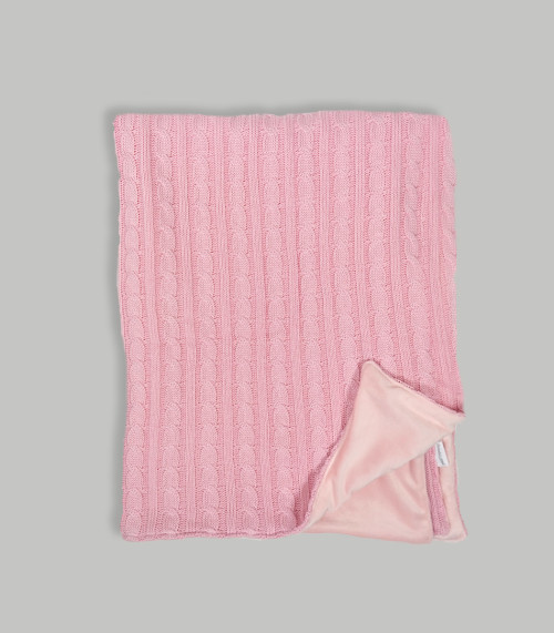 Dwustronny, miękki, ciepły różowy kocyk niemowlęcy z "sweterkowej" tkaniny i futra minky