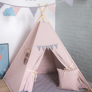 Szary namiot tipi dla dzieci z szarymi proporczykami i okienkiem