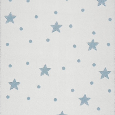 Przepiękny kremowy dywan dziecięcy w niebieskie gwiazdki i kropki nada niepowtarzalnego charakteru każdemu pokoikowi dziecięcemu.