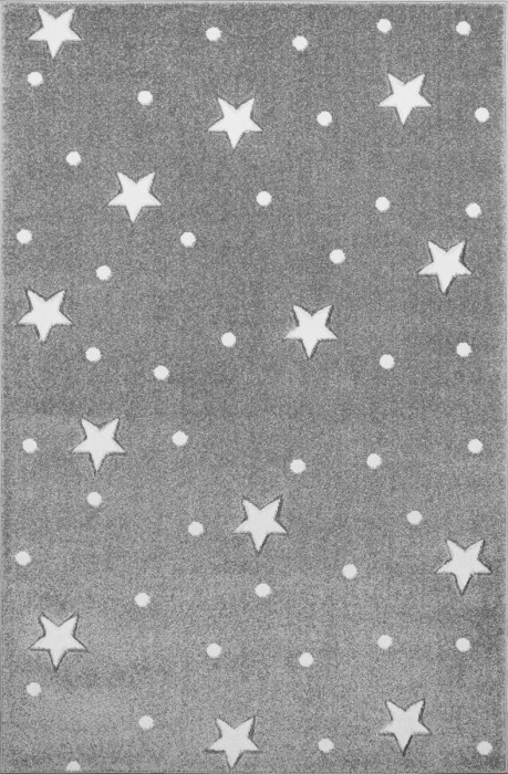 Przepiękny szary dywan dziecięcy w białe gwiazdki i kropki nada niepowtarzalnego charakteru każdemu pokoikowi dziecięcemu.