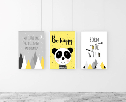 Żółto-szary zestaw plakatów do pokoju dziecka - napis Be happy