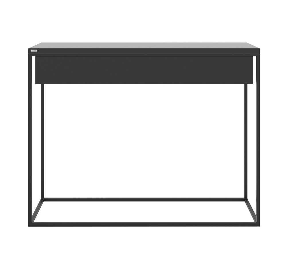 Minimalistyczna, nowoczesna konsola SKINNY XL w kolorze czarnym z szeroką drewnianą dębową szufladą
