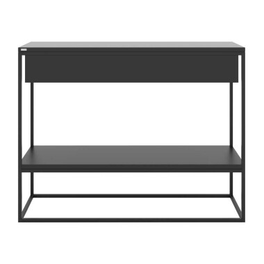 Minimalistyczna, nowoczesna konsola SKINNY XL w kolorze czarnym z szeroką drewnianą dębową szufladą
