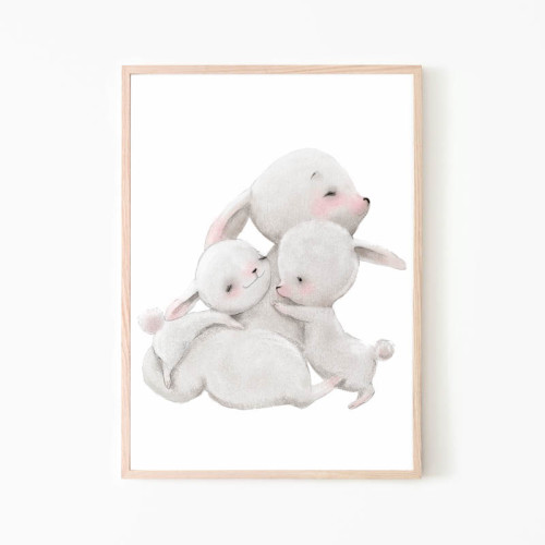 Plakat na ścianę do pokoju dziecka z przytulonymi króliczkami. Ozdoba do pokoju dziecka.