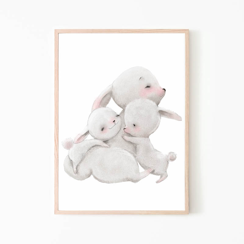 Plakat na ścianę do pokoju dziecka z przytulonymi króliczkami. Ozdoba do pokoju dziecka.