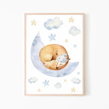 Plakat obrazek do pokoju dziecka z lisem śpiącym na chmurce