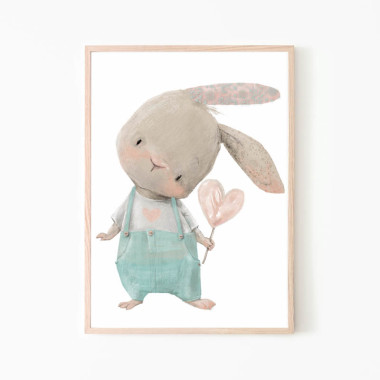 Plakat do pokoju dziecka na ścianę. Przedstawia króliczka w spodenkach z serduszkiem w ręku.