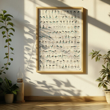 Plakat joga 150 asan infografika pozycje jogi A2 do studia jogi