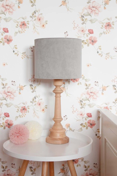 Oryginalna lampa stojąca VELVET GREY do wyboru z białą lub z olejowaną podstawką I SZARYM AKSAMITNYM ABAŻUREM.