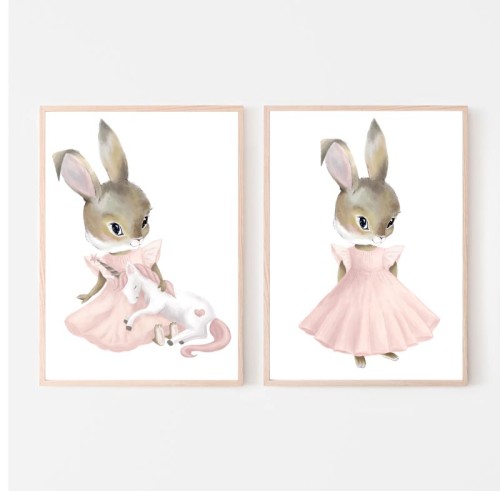 PLAKAT OBRAZEK PASTELOWY KRÓLICZEK JEDNOROŻEC