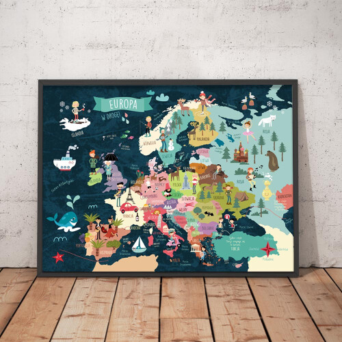 Mapa granatowa. Europa II Plakat dla dzieci.