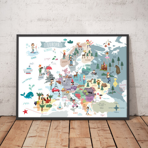 Mapa Europy. Kolory szary/niebieskii- plakat z mapą do pokoju dziecka