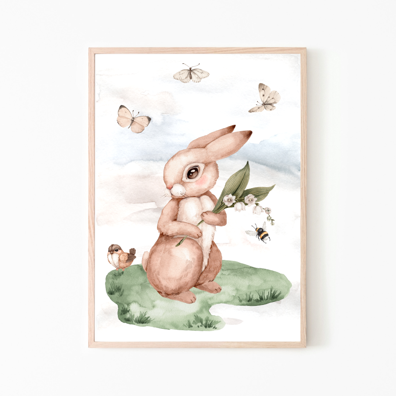 Króliczek- plakat dla dzieci, motyle ptaszki