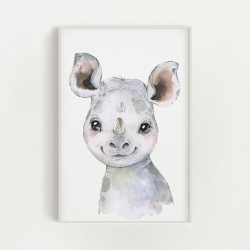 Plakat dekoracyjny obrazek akwarela do pokoju dziecka- nosorożec  zwierzęta