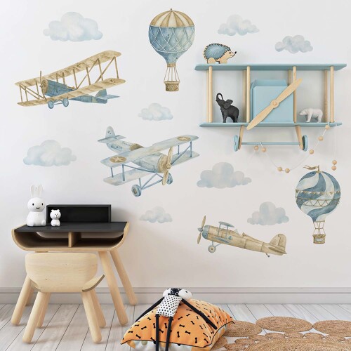Retro balony i samoloty -naklejki na ścianę do pokoju dziecka