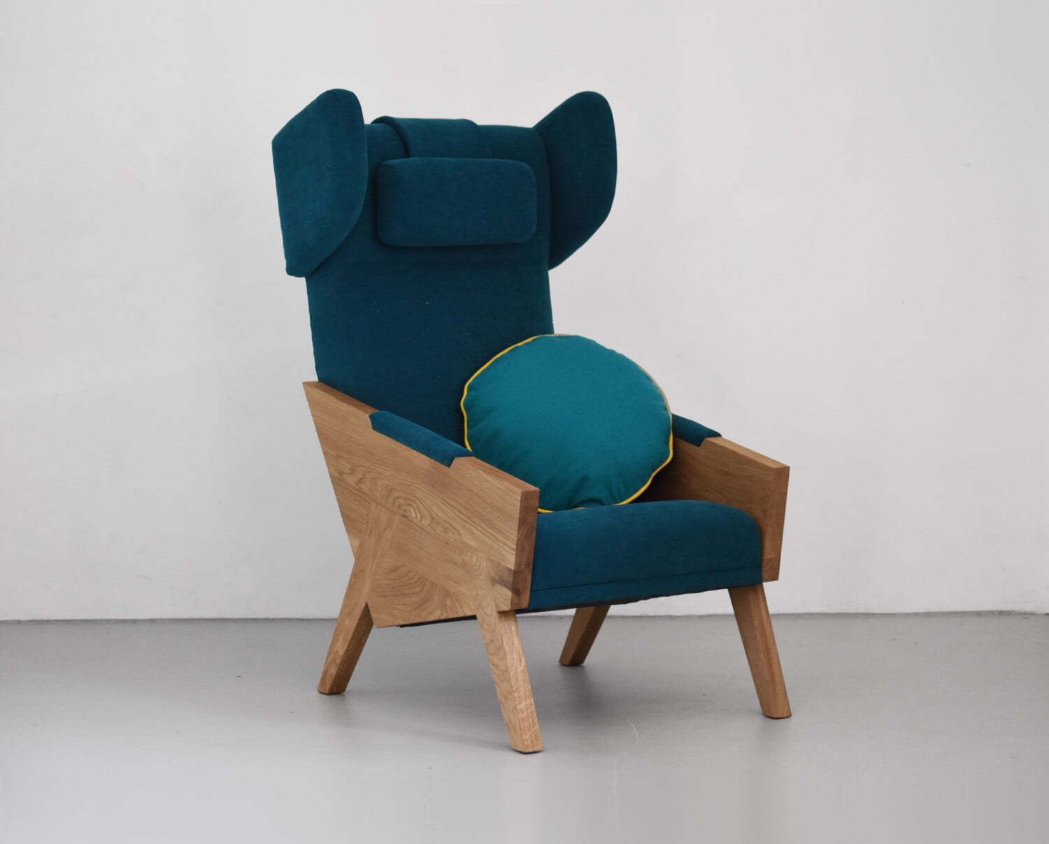 Nowoczesny duży minimalistyczny fotel uszak do salonu, fotel do hotelu, wygodny zielony, pomarańczowy, szary, brązowy.