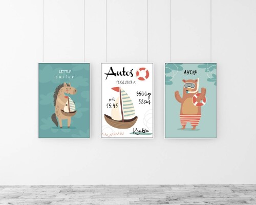 tryptyk zestaw plakatów dla dzieci konik, misio i statek