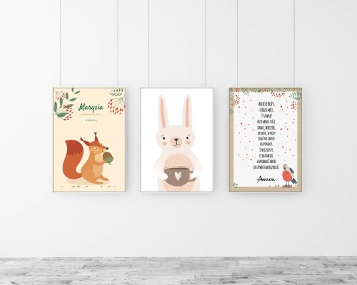 tryptyk zestaw plakatów metryczka wiewiórka, królik i modlitwa Aniele Boży